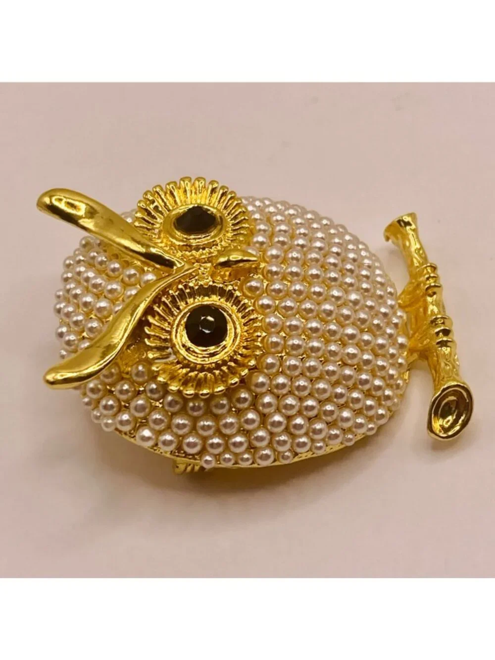 New Gold Tone Owl Brooch Faux Pearl Beads & Black Rhinestone Eyes -53B